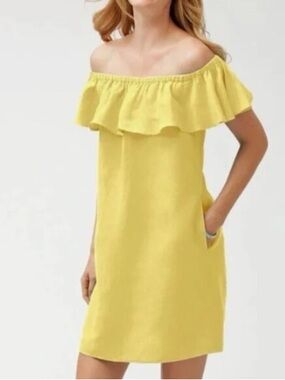 NWT Tommy Bahama Pineapple Yellow Off The Shoulder Linen Dress, size S/P